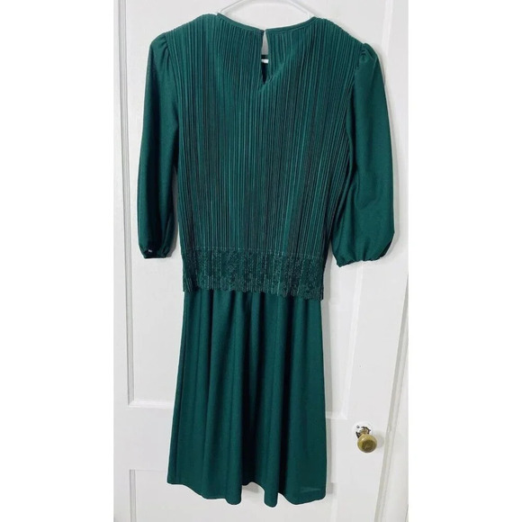 Vintage Good Times Dress 10P Blouson Green Midi Crinkle Pleated Lace 80s Retro - Picture 5 of 10